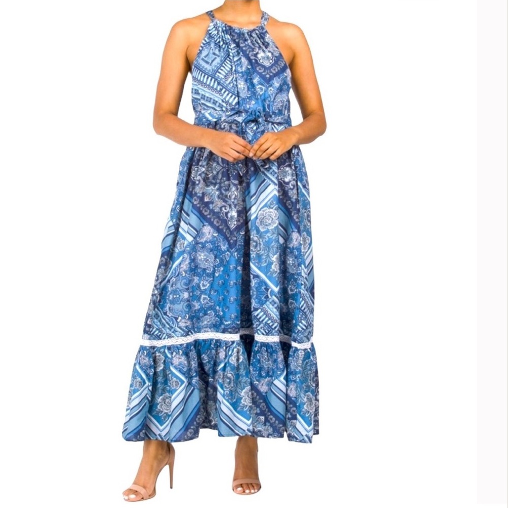 Lucky Brand Maxi Dress Halter Neck Flounce Hem Blue Bandanna Print Size Small